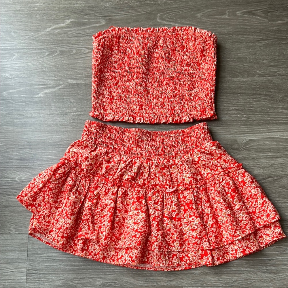 Floral Red Tube Top Skort Set